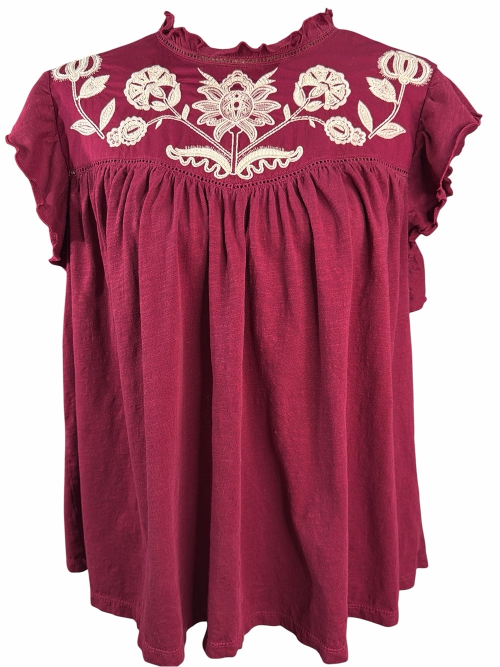 Knox Rose Burgundy Cap Sleeve Embroidered Yoke Top   EC. Size XXL